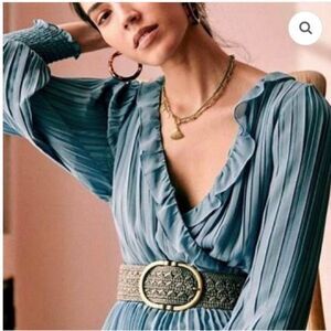 Sezane Pleated Line A Midi Chic Long Sleeve Blue Dress